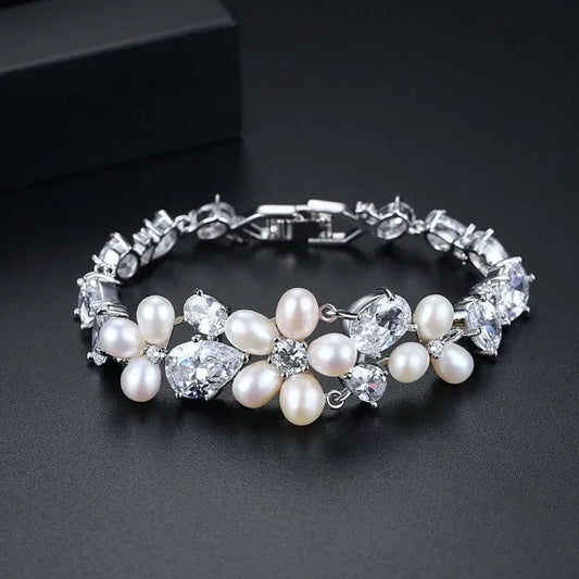 Pearl Wedding Jewelry - Freshwater Pearl and Cubic Zirconia Bridal Bracelet