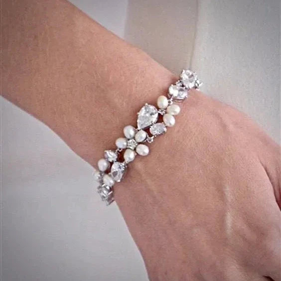 Pearl Wedding Jewelry - Freshwater Pearl and Cubic Zirconia Bridal Bracelet