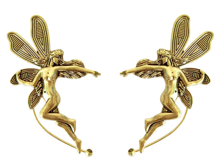 Gold fairy-shaped elf ear cuffs with wing details, front view