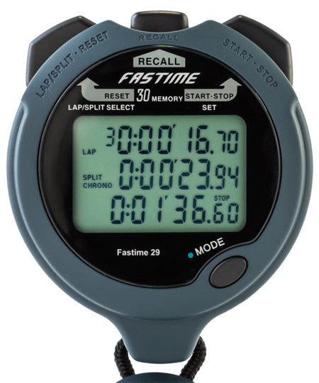 Black Fastime 29 Stopwatch showing digital display and control buttons on a black background.