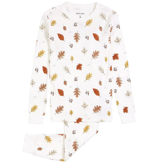 Petit Lem girls Foliage print pajama set in Off-White with autumn leaves and matching pants.