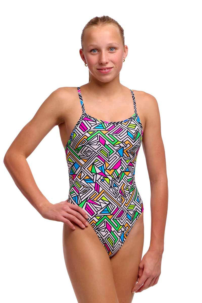 Funkita Girls Bitsy Boss single strap one-piece swimsuit in multicolor with playful design, perfect for young swimmers.