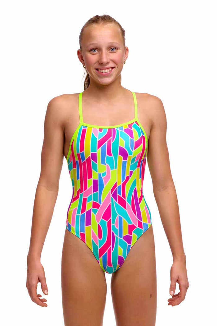 Funkita girls' Candy Cracks Tie Me Tight one-piece swimsuit in colorful multi pattern, designed for active swimming and fun.