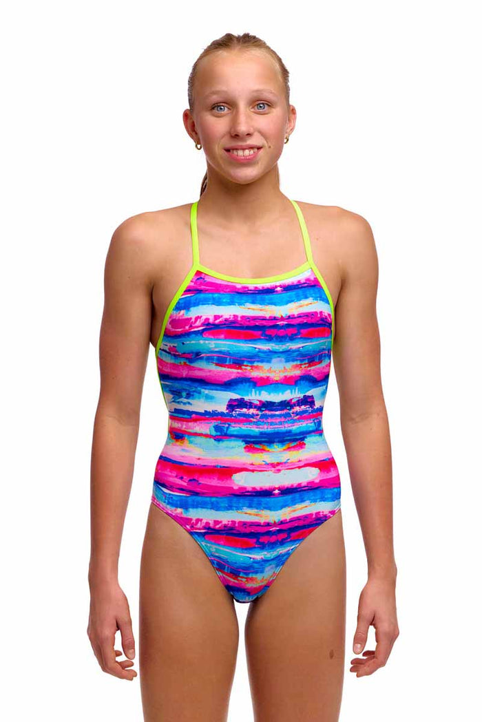 Funkita girls' colour cutaway strapped one-piece swimsuit in bright multi colors, featuring a sleek design and supportive straps.