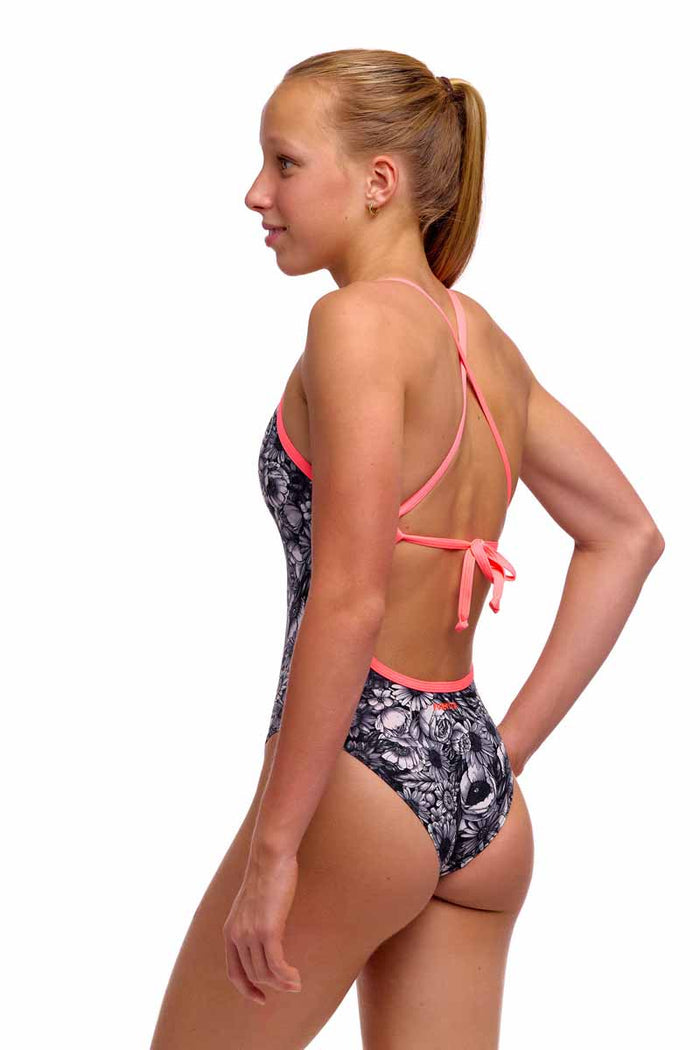 Funkita Girls Nights Rose Tie Me Tight one-piece swimsuit for girls in black and white, featuring a stylish floral design.