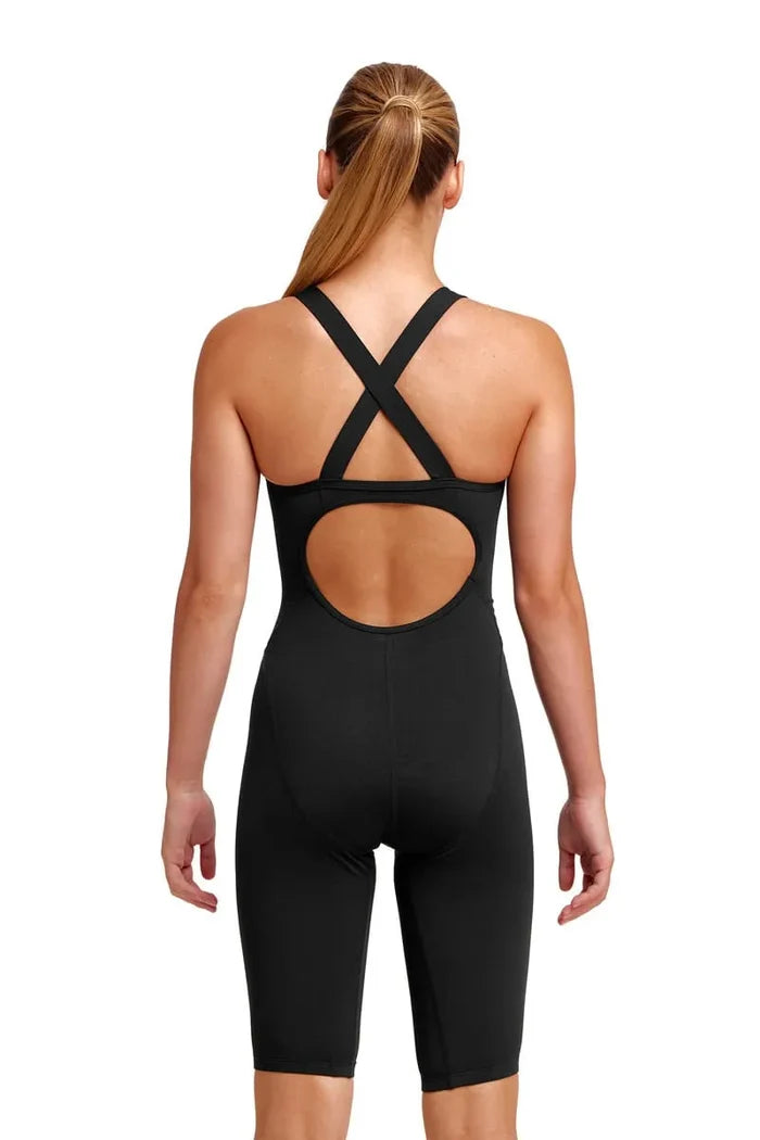 Funkita girls' still black fast legs one-piece kneelsuit with sleek black design and full coverage for swimming.