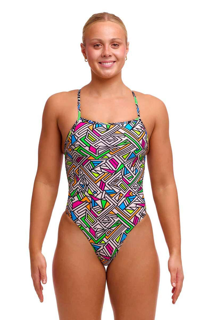 Funkita Ladies Bitsy Boss single strength one-piece swimsuit in multi-color, featuring a sleek design and athletic fit.