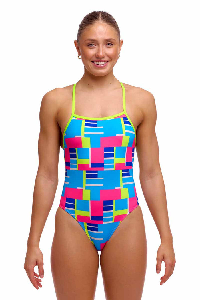 Funkita Ladies Blok Tok Tie Me Tight one-piece swimsuit in multi-color with sleek design and supportive fit.