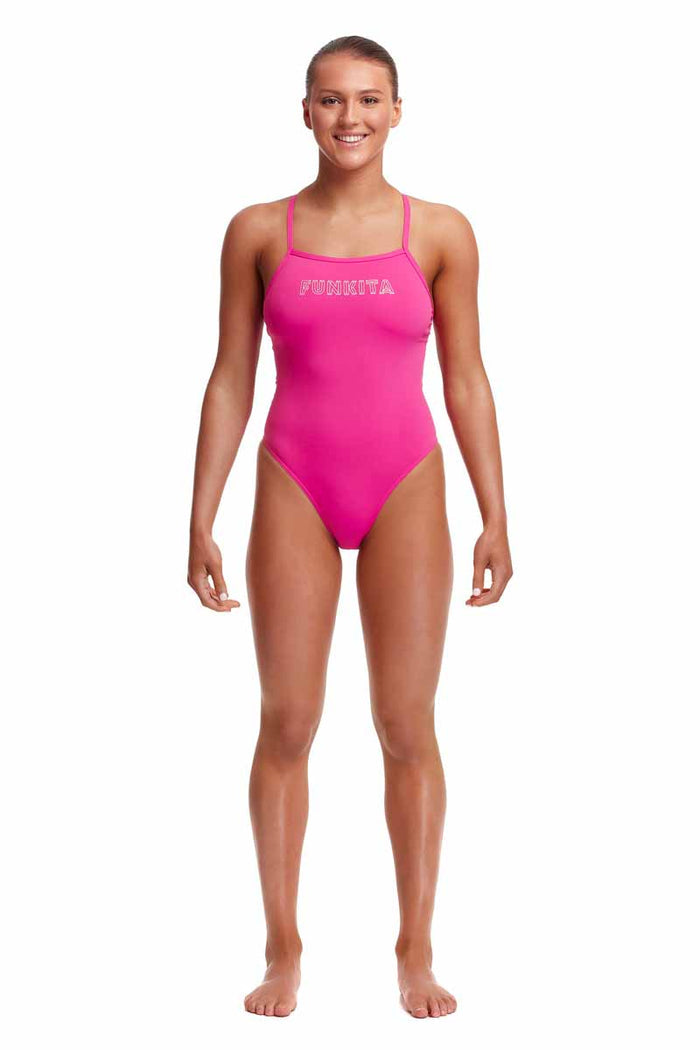 Pink Funkita Ladies Candy Tie Me Tight One Piece swimsuit with a sleek, fitted design, perfect for swimming and training.