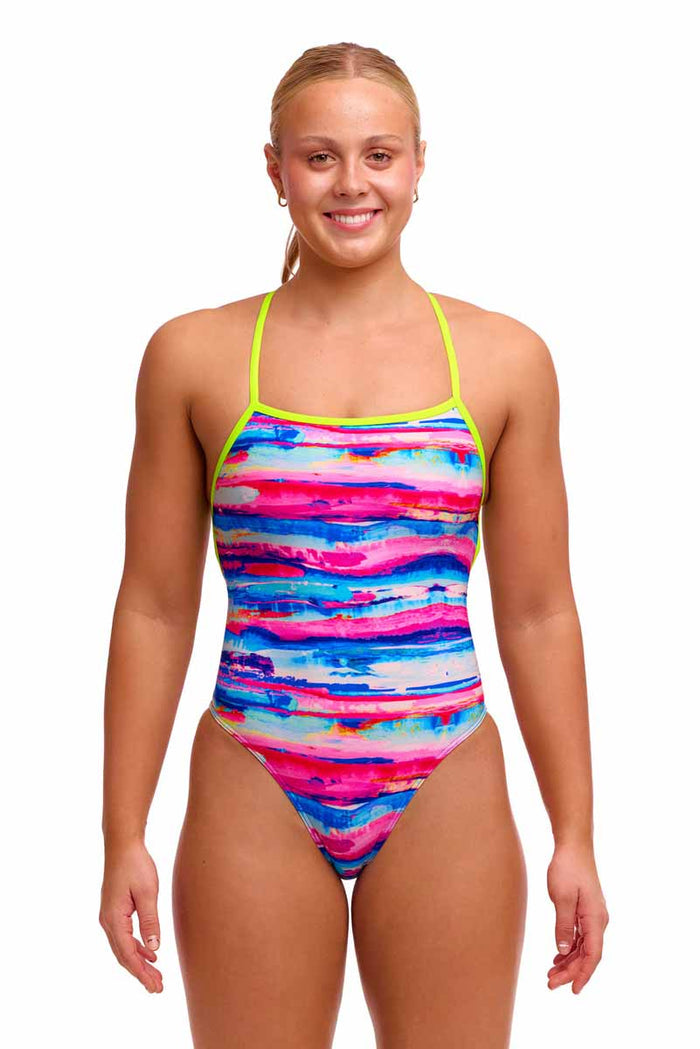 Funkita Ladies Colour Cutaway Strapped One Piece Swimsuit in multi-colored design, featuring cutaway details and supportive straps.