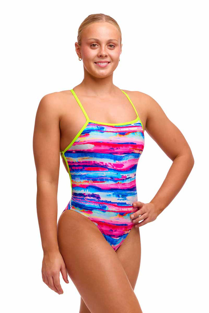Funkita Ladies Colour Cutaway Strapped One Piece Swimsuit in multi-color, featuring cutaway design and adjustable straps.