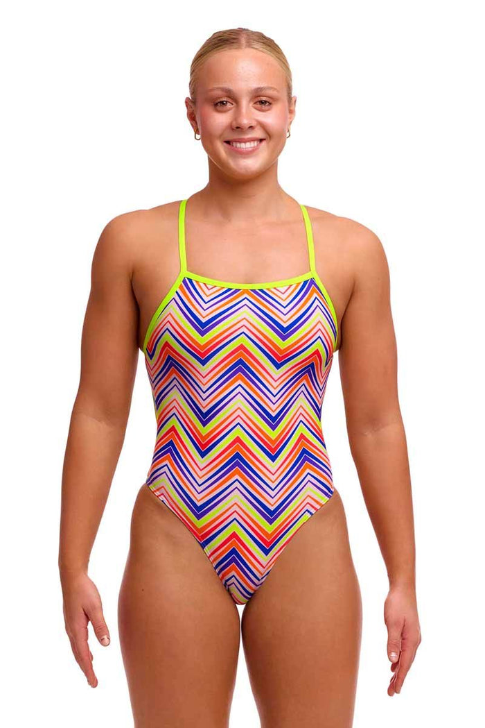 Funkita Ladies Down Up Tie Me Tight One Piece Swimsuit in multi-color with sleek design and supportive fit, suitable for swimming and training.