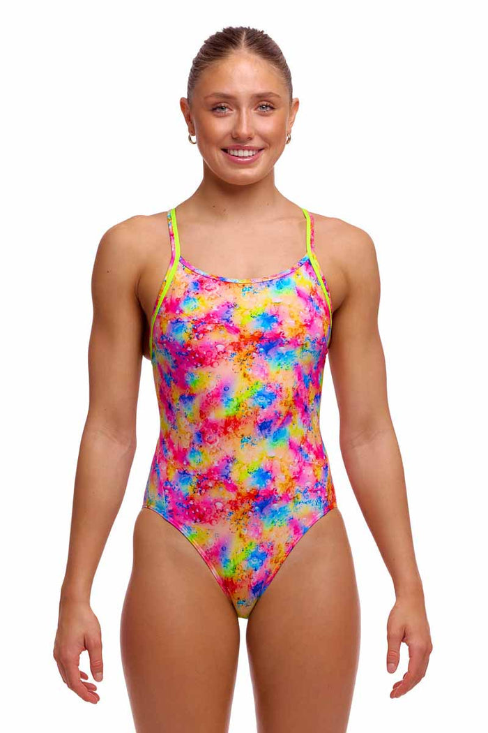 Funkita Ladies Dry Me Diamond Back one-piece swimsuit in multi-color with a sleek design and supportive fit for swimming.