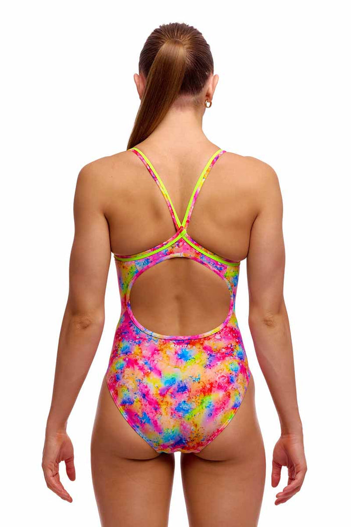 Funkita Ladies Dry Me Diamond Back one-piece swimsuit in multi-color with a sleek, supportive design for swimming.