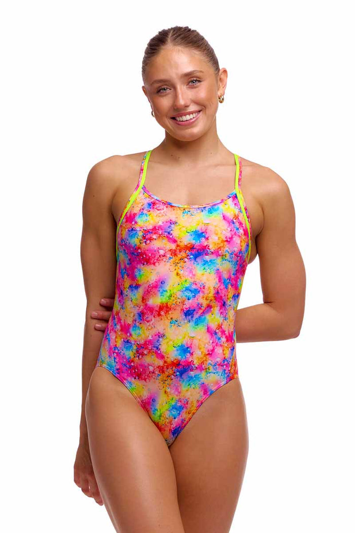 Funkita Ladies Dry Me Diamond Back One Piece Swimsuit in multi-color with sleek design and comfortable fit, ideal for swimming.