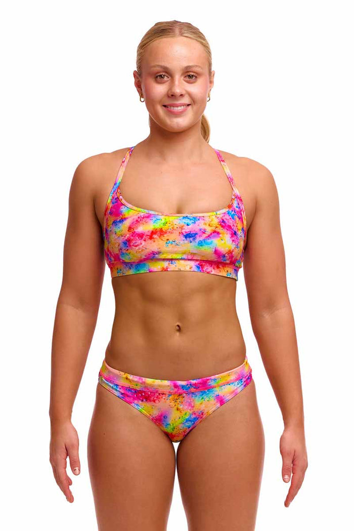 Funkita Ladies Dry Me sports top, a colorful multi-pattern bikini/tankini, designed for active swimming and training.