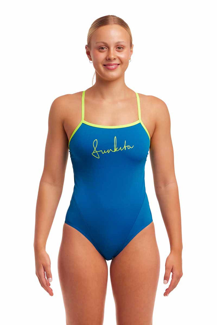 Funkita Ladies Glacier Glam single strap one-piece swimsuit in royal blue and fluo yellow, designed for comfortable swimming.