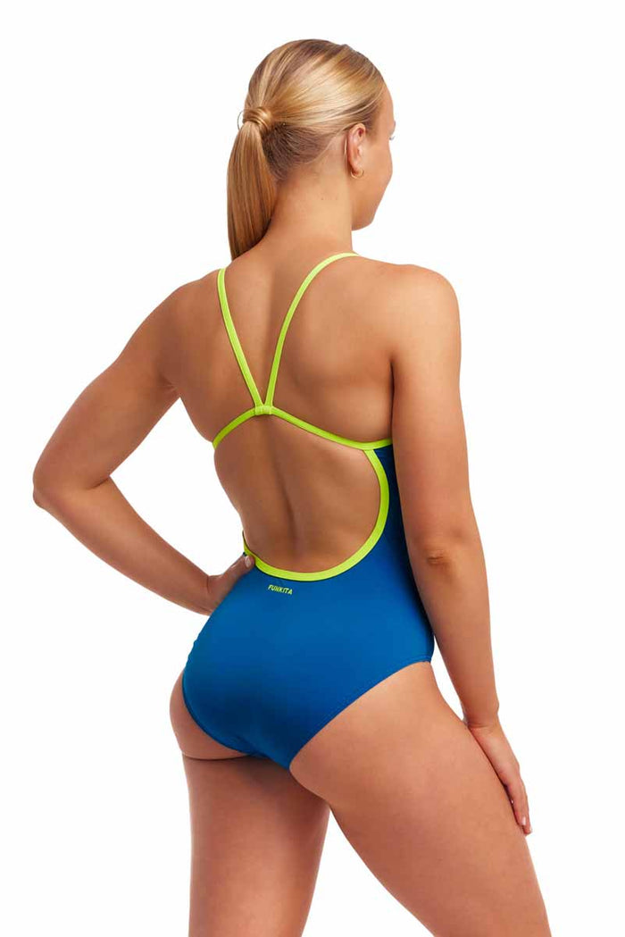 Funkita Ladies Glacier Glam single strap one-piece swimsuit in royal blue and fluo yellow with a stylish design.