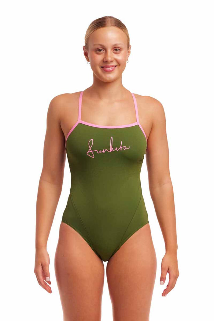 Funkita Ladies Glamo Camo single strap one-piece swimsuit in green and pink with a stylish camo pattern.