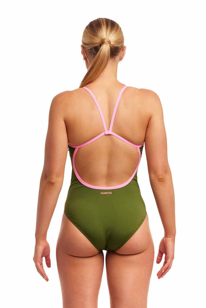 Funkita Ladies Glamo Camo single strap one-piece swimsuit in green and pink, featuring a stylish camo design and sleek fit.