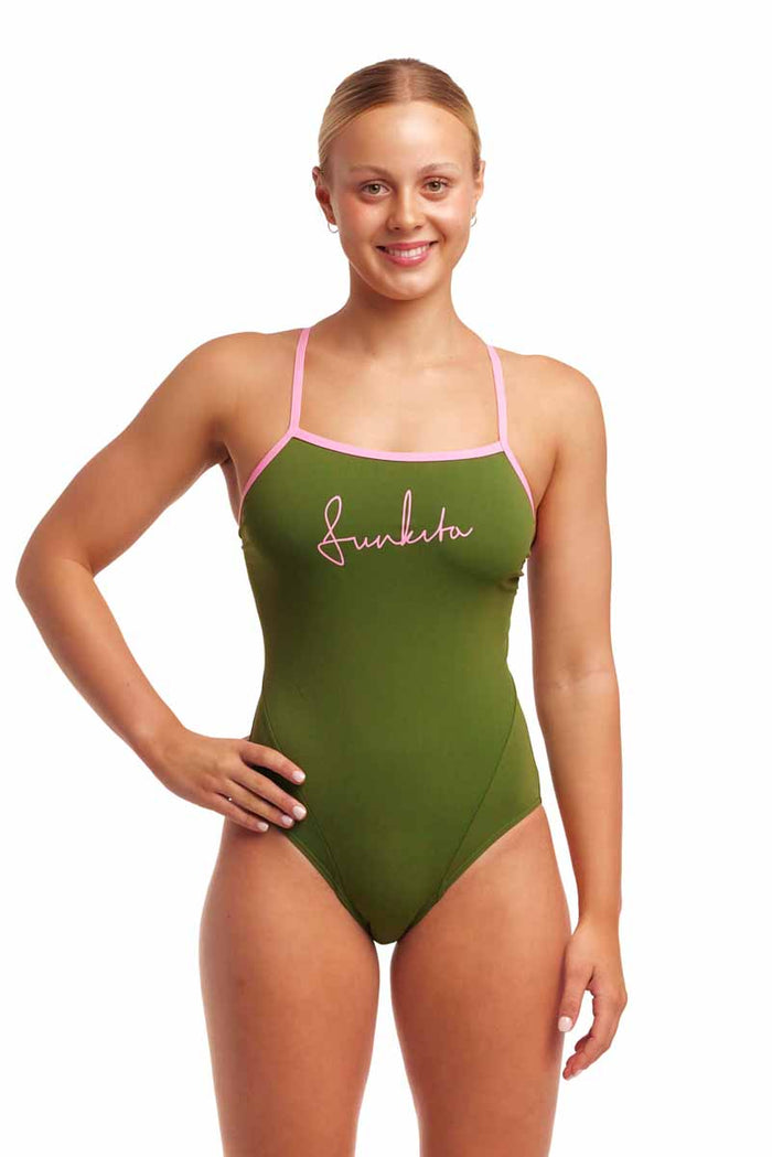 Funkita Ladies Glamo Camo single strap one-piece swimsuit in green and pink, featuring a stylish camo pattern and sporty design.