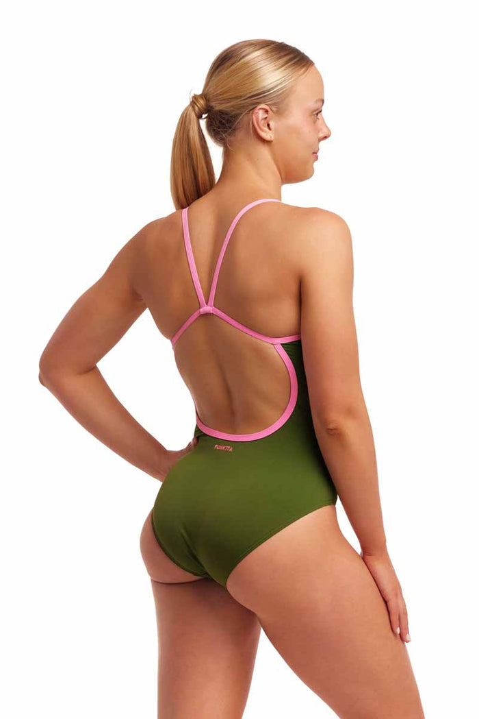 Funkita Ladies Glamo Camo single strap one-piece swimsuit in green and pink, featuring a stylish camo pattern and sleek design