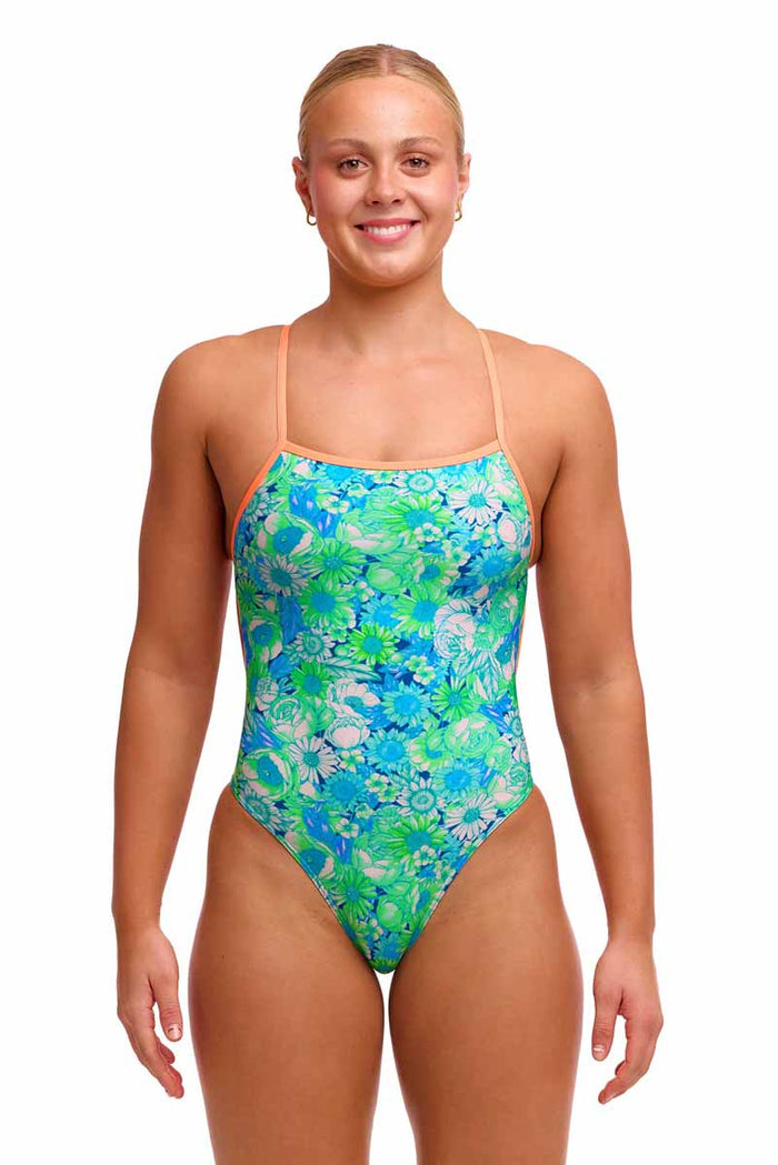 Funkita Ladies Green Green Grass single strength one-piece swimsuit in green and blue, designed for swimming and active water sports.