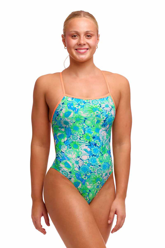Funkita Ladies Green Green Grass single strength one-piece swimsuit in green and blue, featuring a sleek swimwear design.