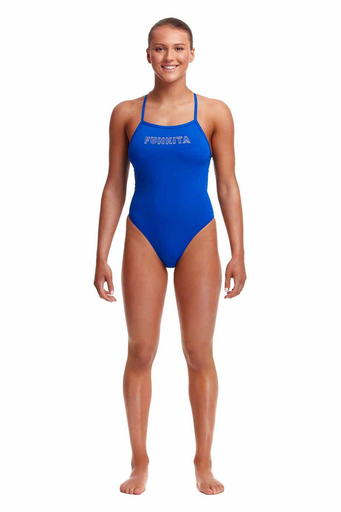 Funkita Ladies Ice Tie Me Tight blue one-piece swimsuit for women, showcasing a sleek, stylish design perfect for swimming.