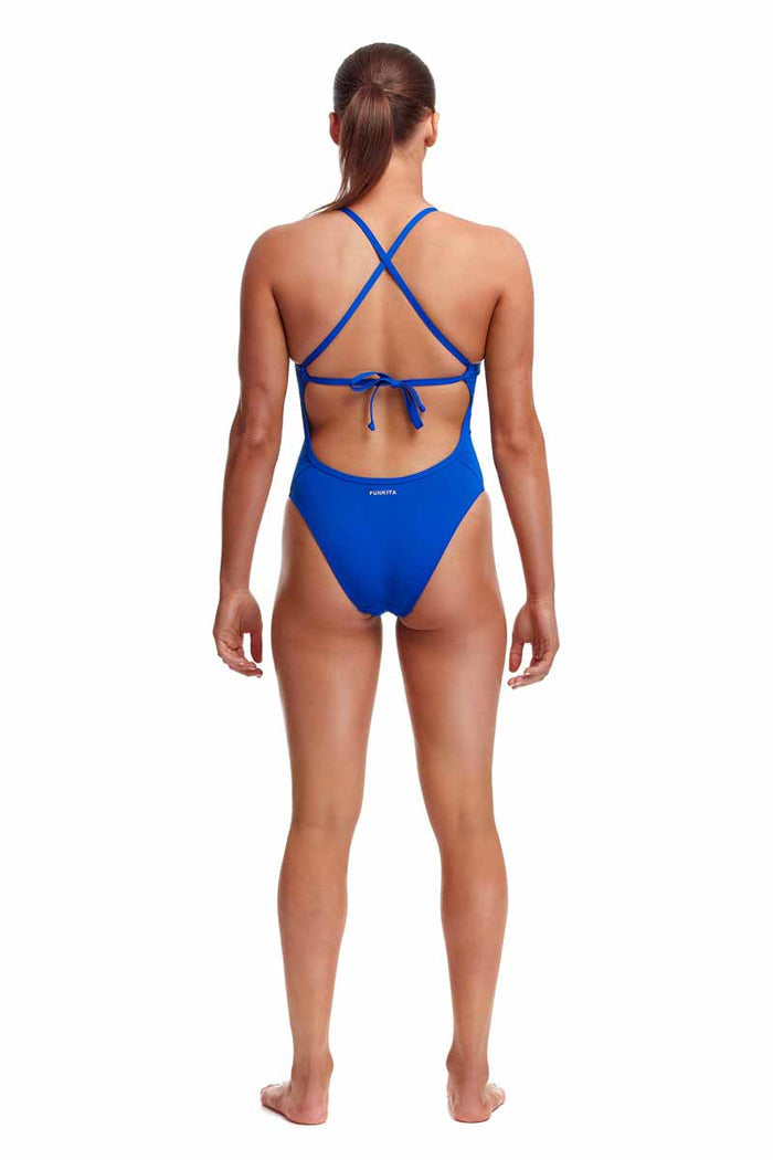 Funkita Ladies Ice Tie Me Tight Blue One-Piece Swimsuit, showcasing the sleek, fitted design and vibrant blue color.