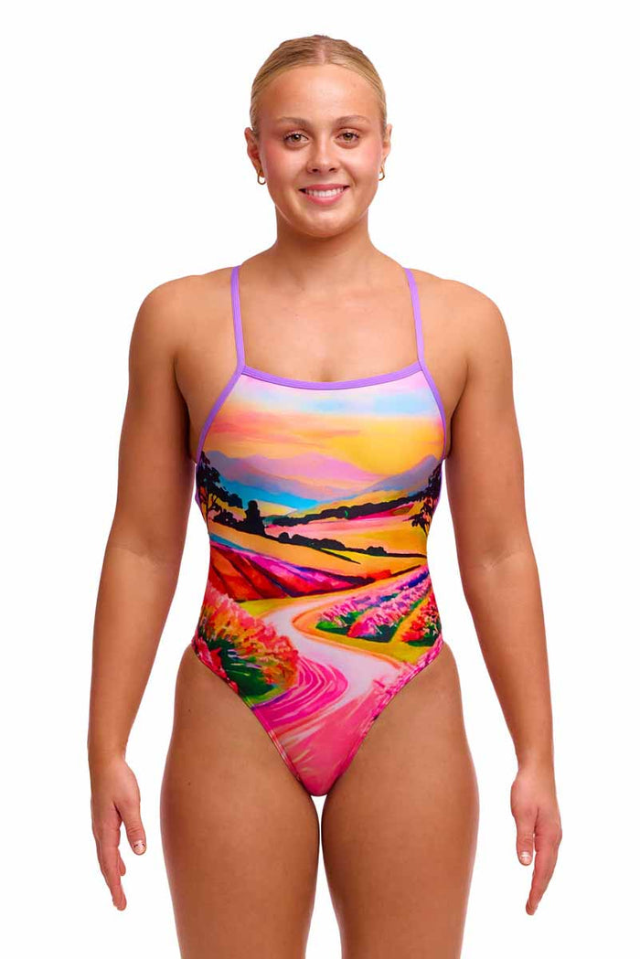 Funkita Ladies Meadow Made strapped one-piece swimsuit in multi-colored floral pattern, designed for comfortable swimwear.