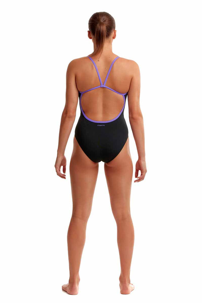 Funkita Ladies Night Mare single strap one-piece swimsuit in black and purple, designed for active swimming and comfort.