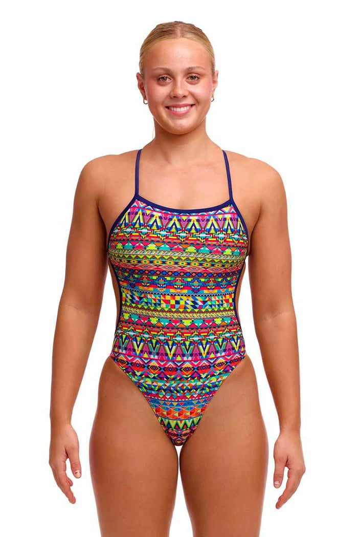 Funkita Ladies Packed Up Twisted One Piece Swimsuit in multi-color, featuring a twisted design for stylish swimwear.