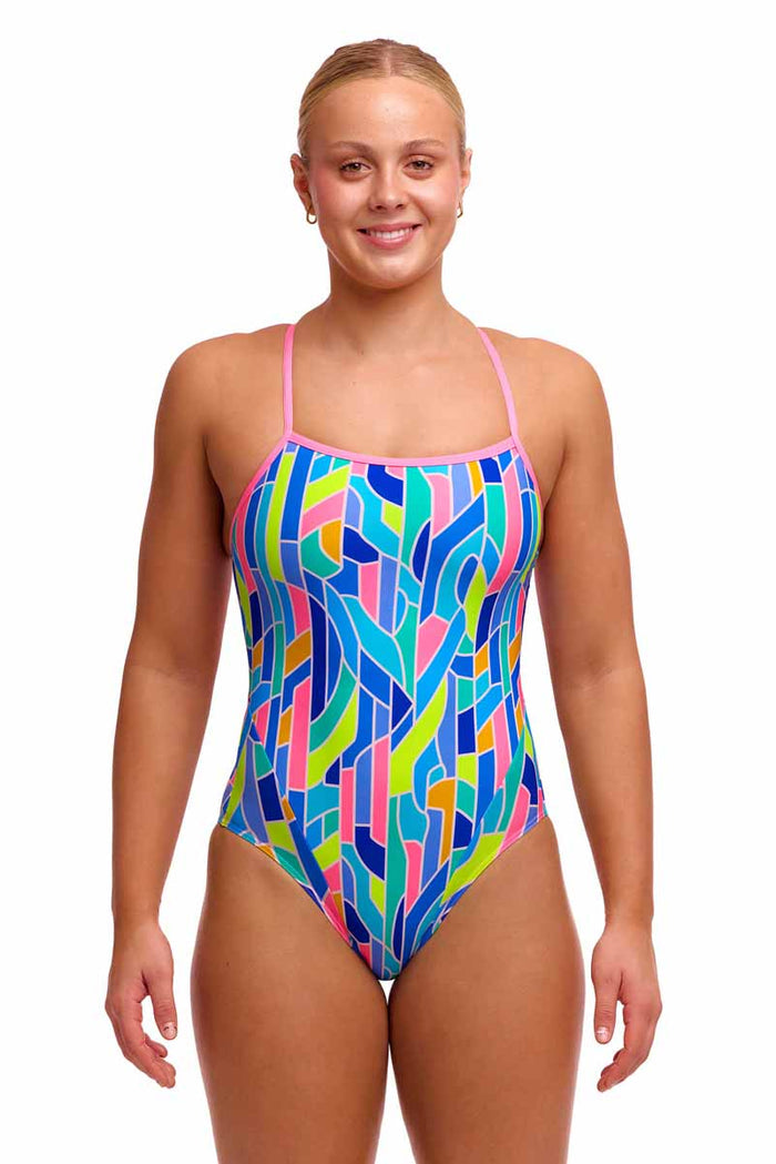 Funkita ladies' pillared single strap one-piece swimsuit in multi-color design, featuring sleek straps and a fitted swimwear style.