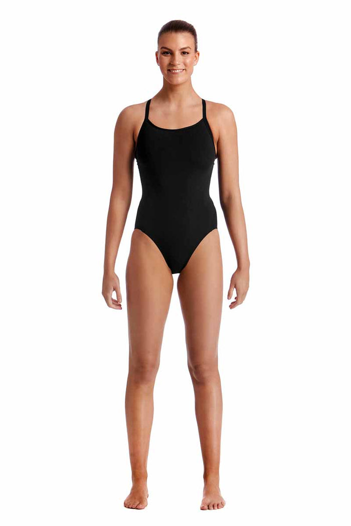 Funkita Ladies Still Black Diamond Back One Piece Swimsuit in black, featuring a sleek design and supportive fit for swimming.