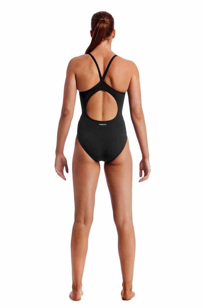 Funkita Ladies Still Black Diamond Back One Piece Swimsuit in black, featuring a sleek design and supportive fit for swimming.