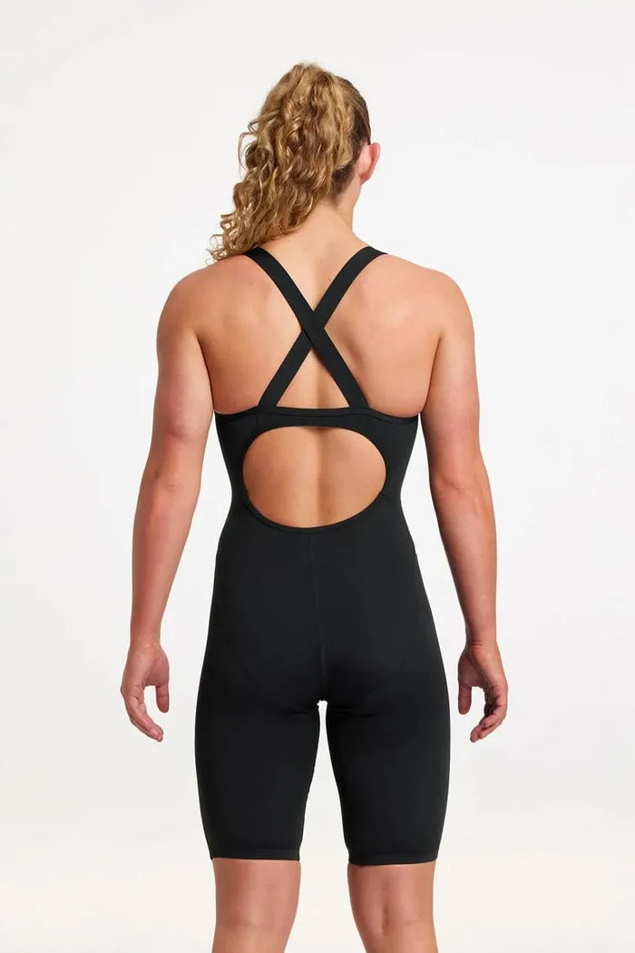 Funkita Ladies Still Black Fast Legs one-piece kneesuit with sleek black design, perfect for competitive swimming.