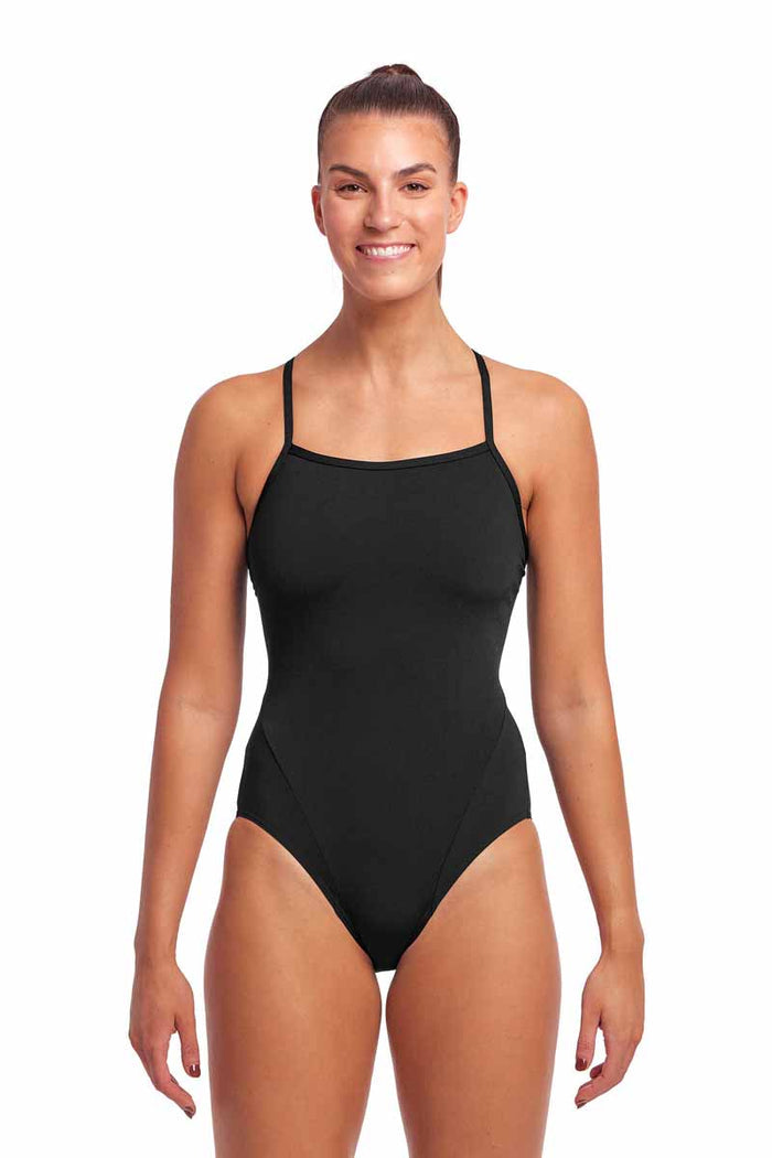 Funkita Ladies Still Black single strap one-piece swimsuit, black color, designed for women’s swimwear, featuring a sleek, minimalist style.