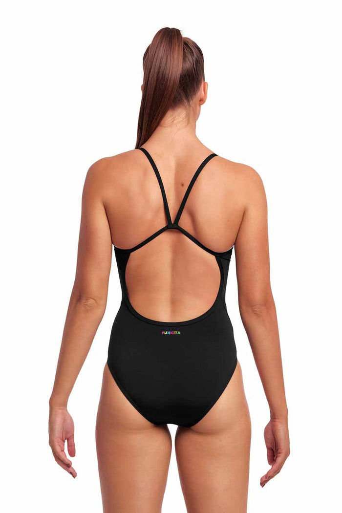 Funkita Ladies Still Black single strap one-piece swimsuit, sleek black design, perfect for swimming and active water sports.