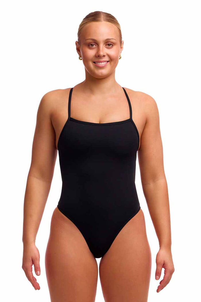Funkita Ladies Still Black single strength one-piece swimsuit in black, featuring sleek design and comfortable fit for swimming.