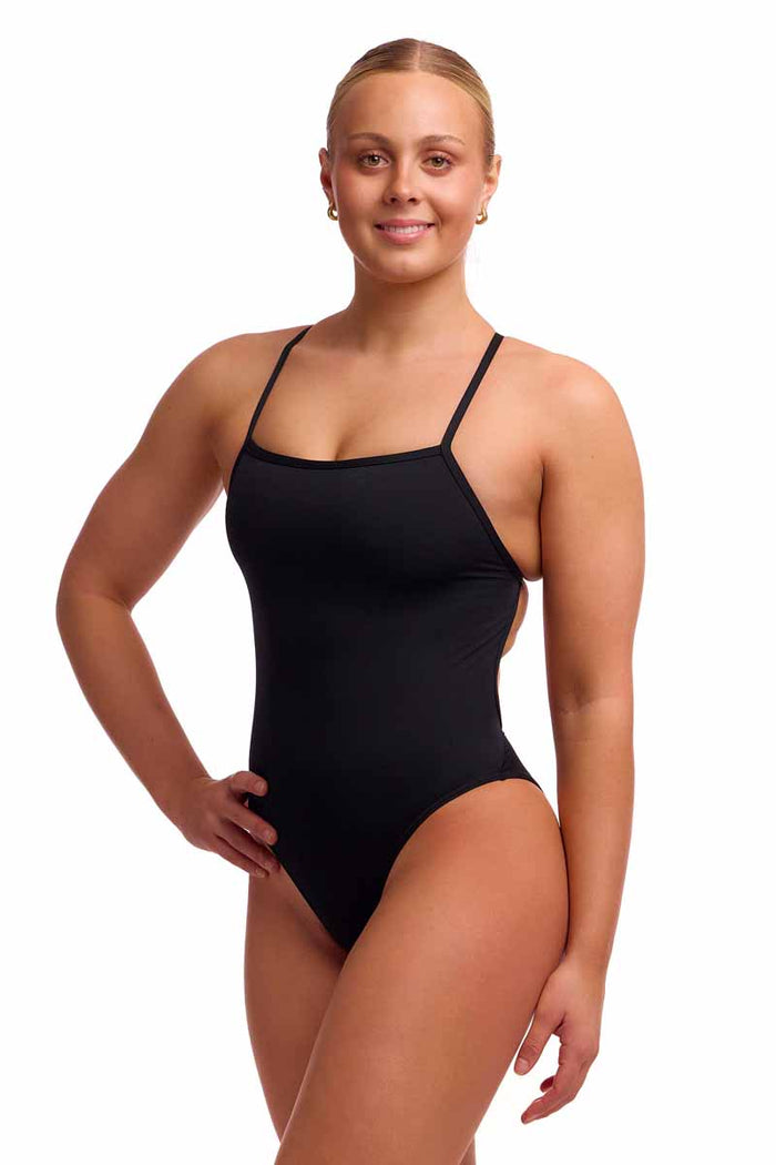 Funkita Ladies Still Black Single Strength One-Piece Swimsuit, black fabric, sleek design, suitable for training and competition swimming.
