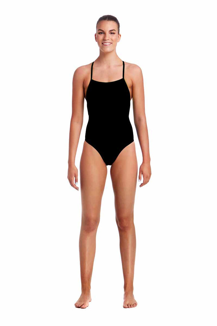 Funkita Ladies Still Black Strapped In One Piece Swimsuit, black swimsuit with strap details, designed for women’s swimming.