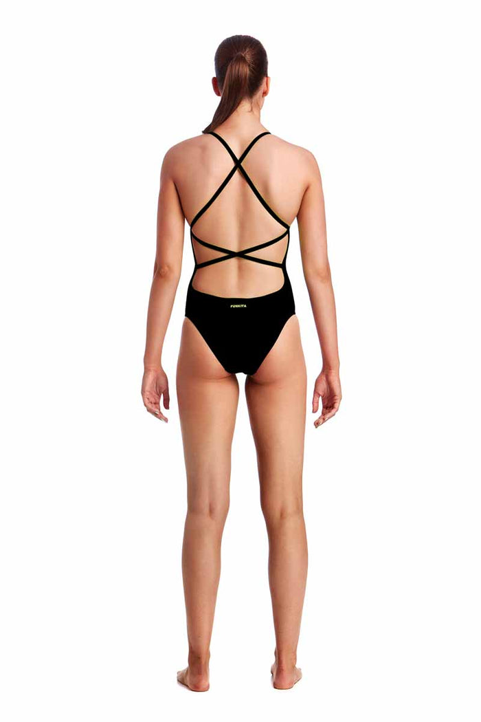 Funkita Ladies Still Black Strapped In One Piece Swimsuit, black swimsuit with thin straps, designed for active swimming and training.