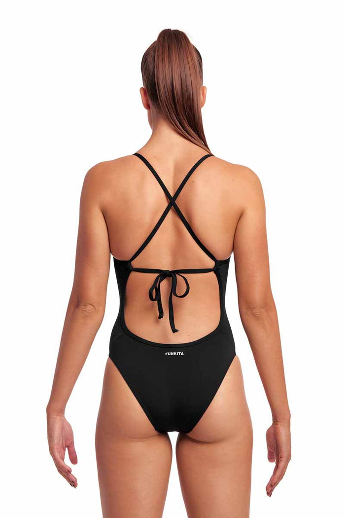 Funkita Ladies Still Black Tie Me Tight one-piece swimsuit in black, featuring a sleek and fitted design for swimwear.
