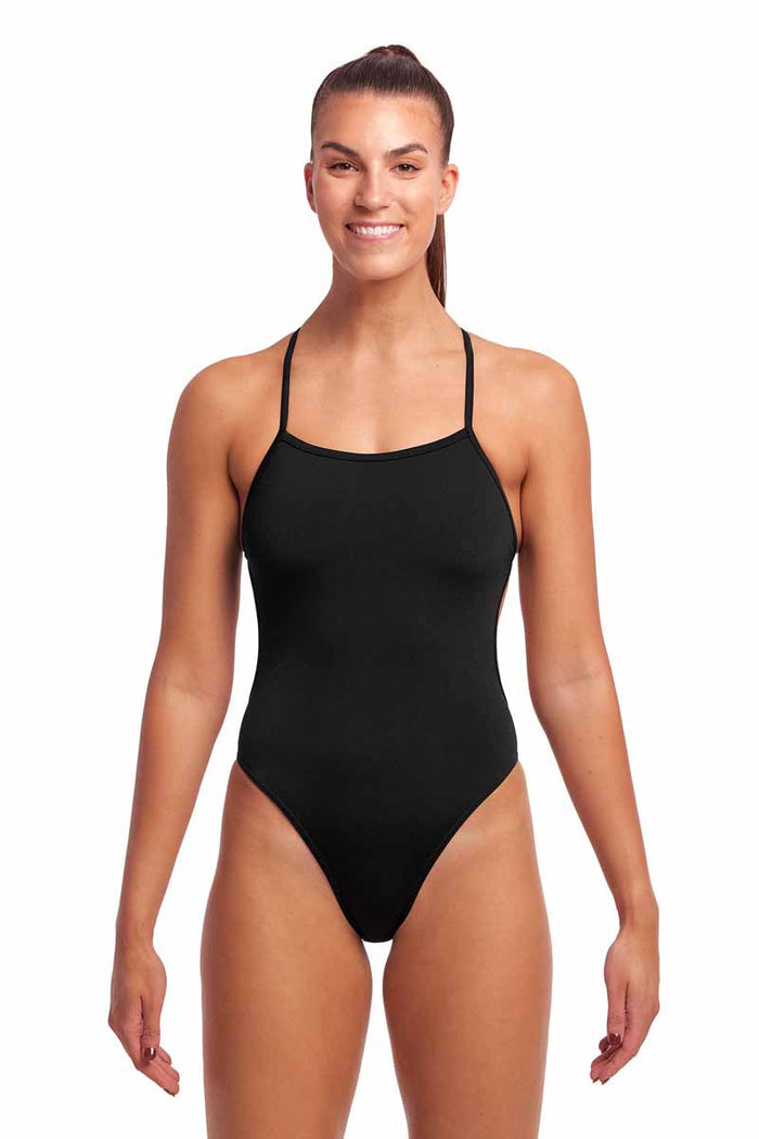 Funkita Ladies Still Black Twisted One Piece Swimsuit, black swimsuit with twisted strap design, fits and flatters women at the pool.