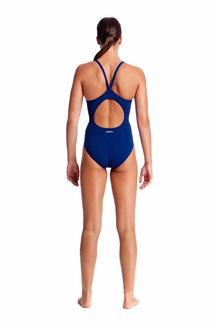 Funkita Ladies Still Ocean Diamond Back One Piece Swimsuit in navy, featuring a stylish diamond back design for active swimming.