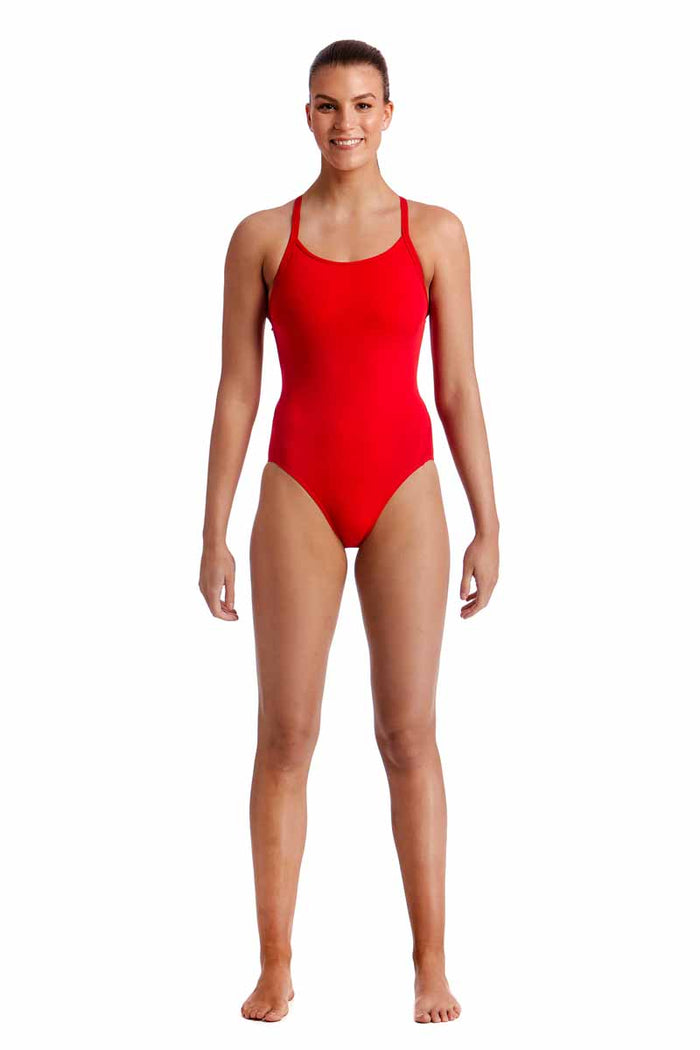 Funkita Ladies Still Red Diamond Back One Piece Swimsuit in vibrant red with a stylish diamond back design, ideal for swimming.