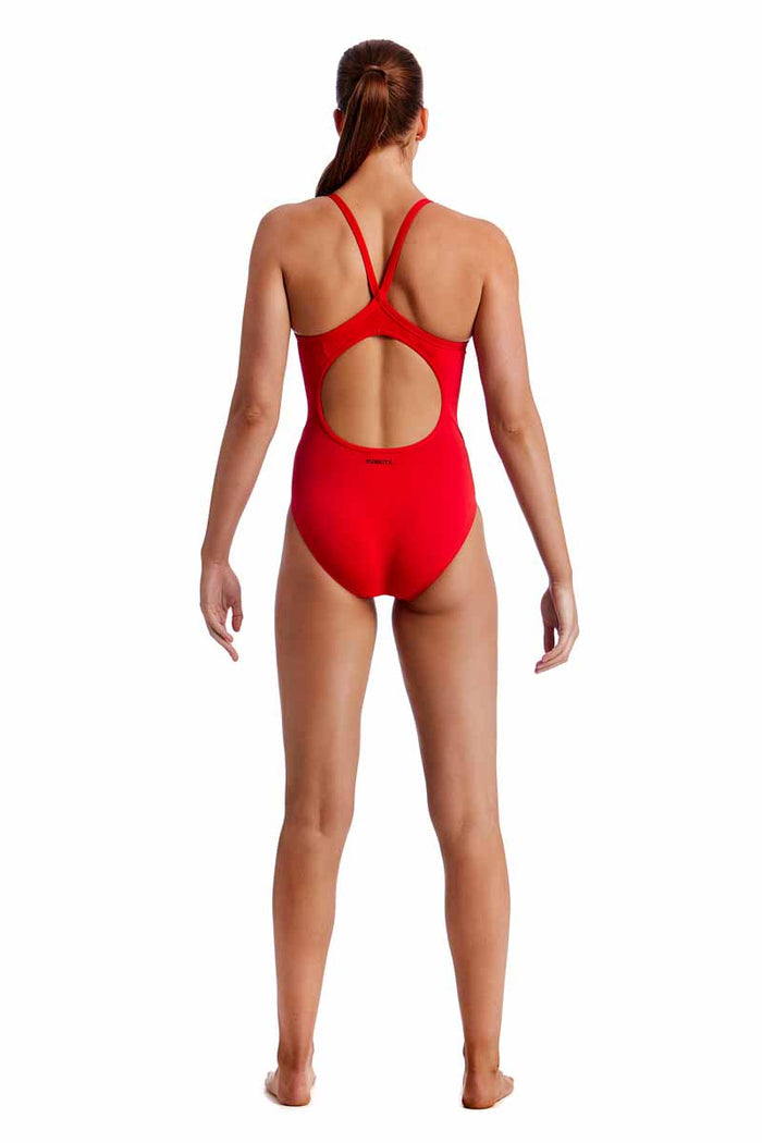 Funkita Ladies Still Red Diamond Back One Piece Swimsuit showing a sleek red design with a diamond back detail.