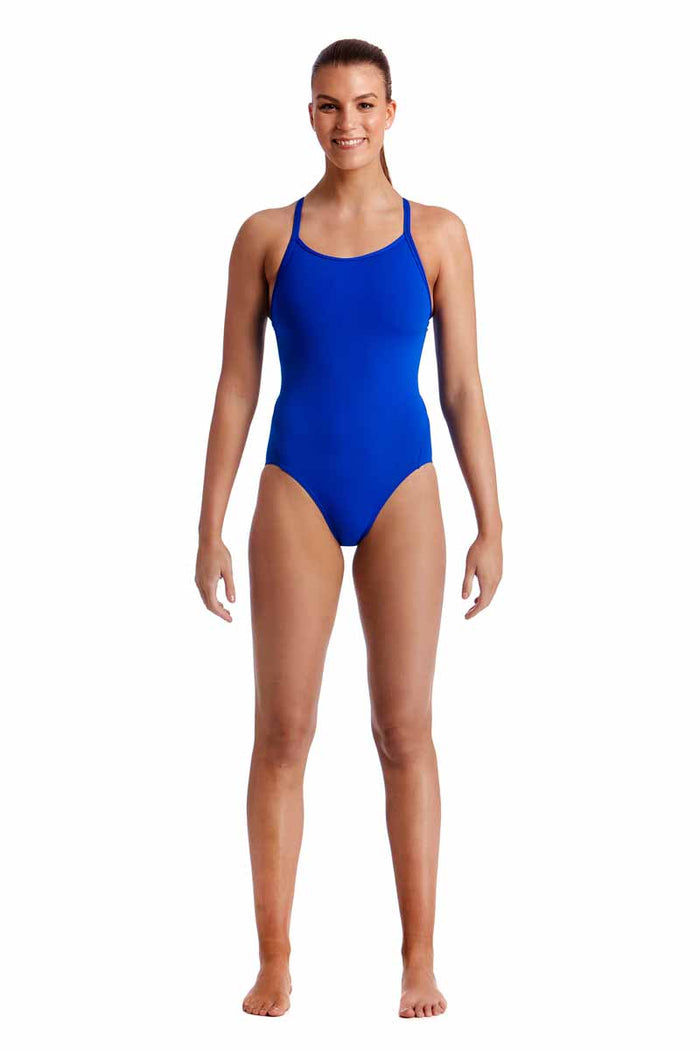 Funkita Ladies Still Speed Diamond Back One Piece Swimsuit in royal blue, featuring a sleek design and comfortable fit.