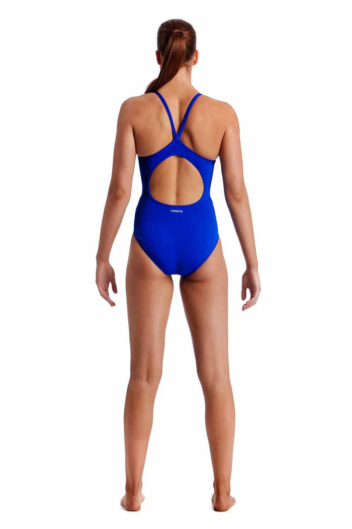 Funkita Ladies Still Speed Diamond Back One Piece Swimsuit in royal blue, featuring a sleek design and supportive fit for women.